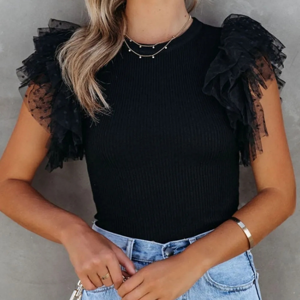 Elegant Black Ruffled Round Neck Cap Sleeve Blouse